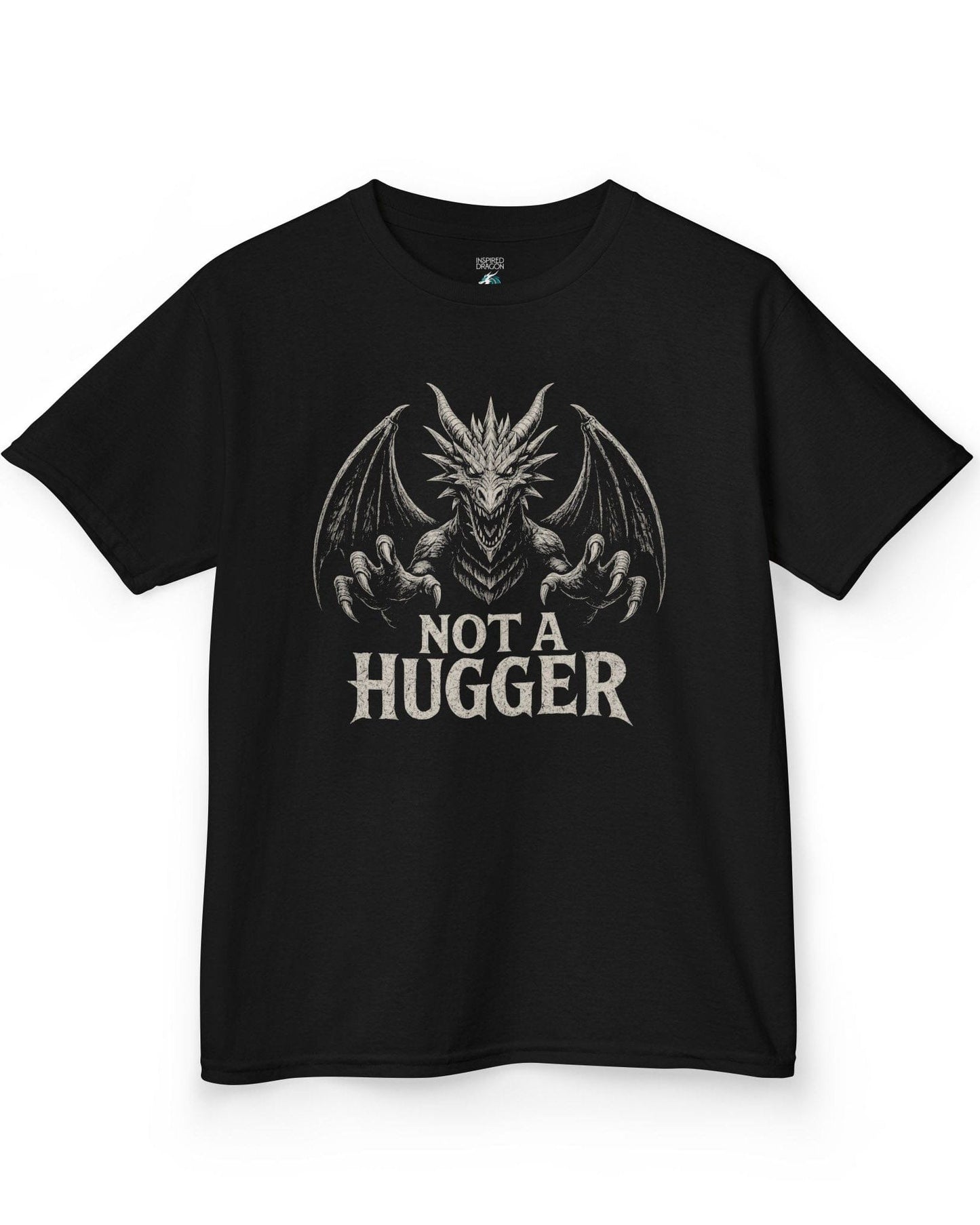 Not a Hugger shirt in black featuring a menacing dragon with claws outstretched and wings spread wide.
