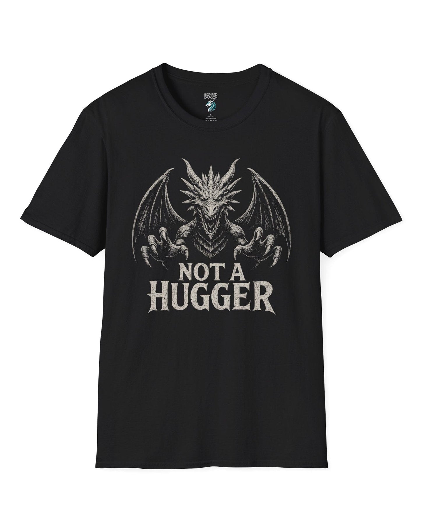 Not a Hugger shirt in black featuring a menacing dragon with claws outstretched and wings spread wide.