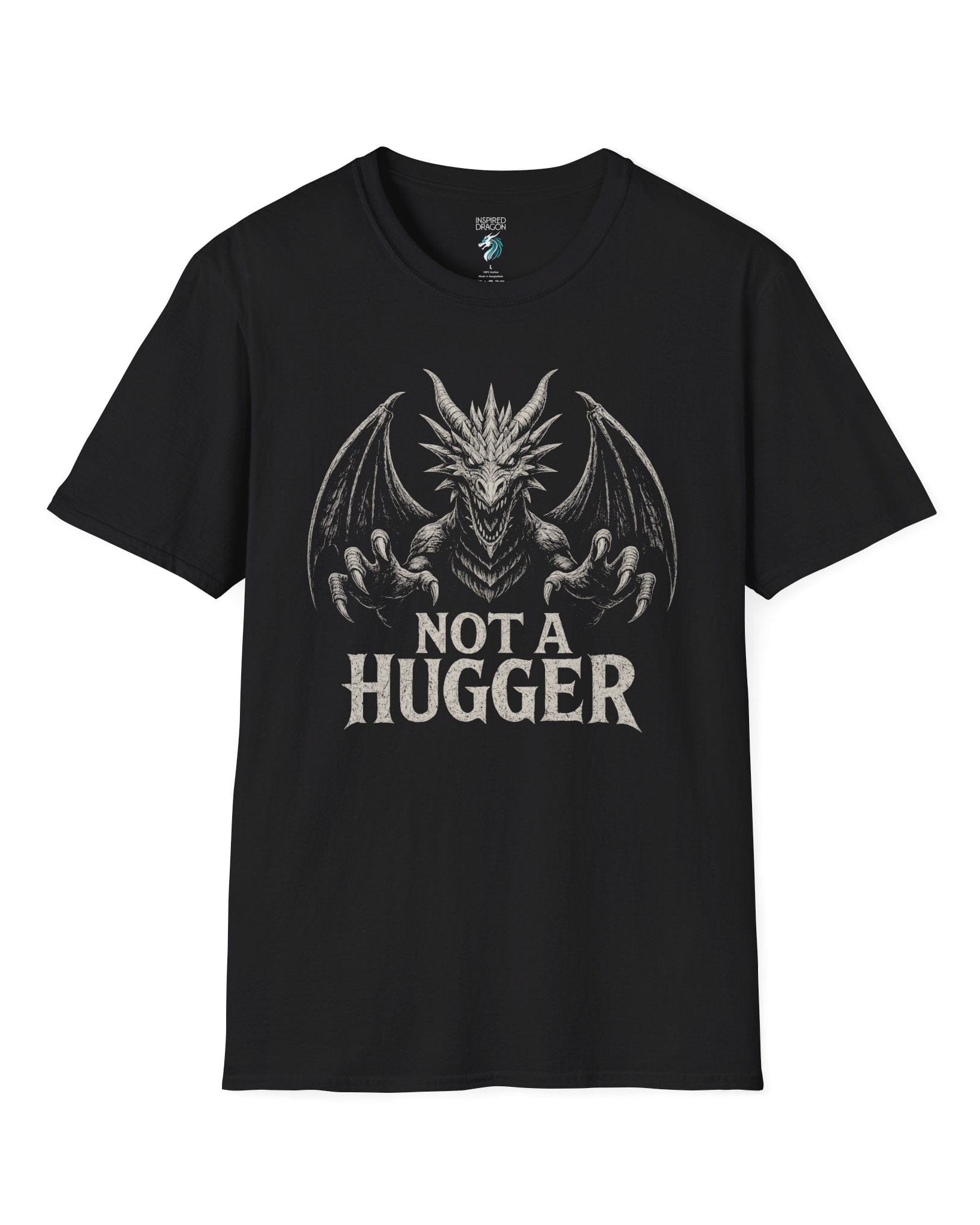 Not a Hugger shirt in black featuring a menacing dragon with claws outstretched and wings spread wide.