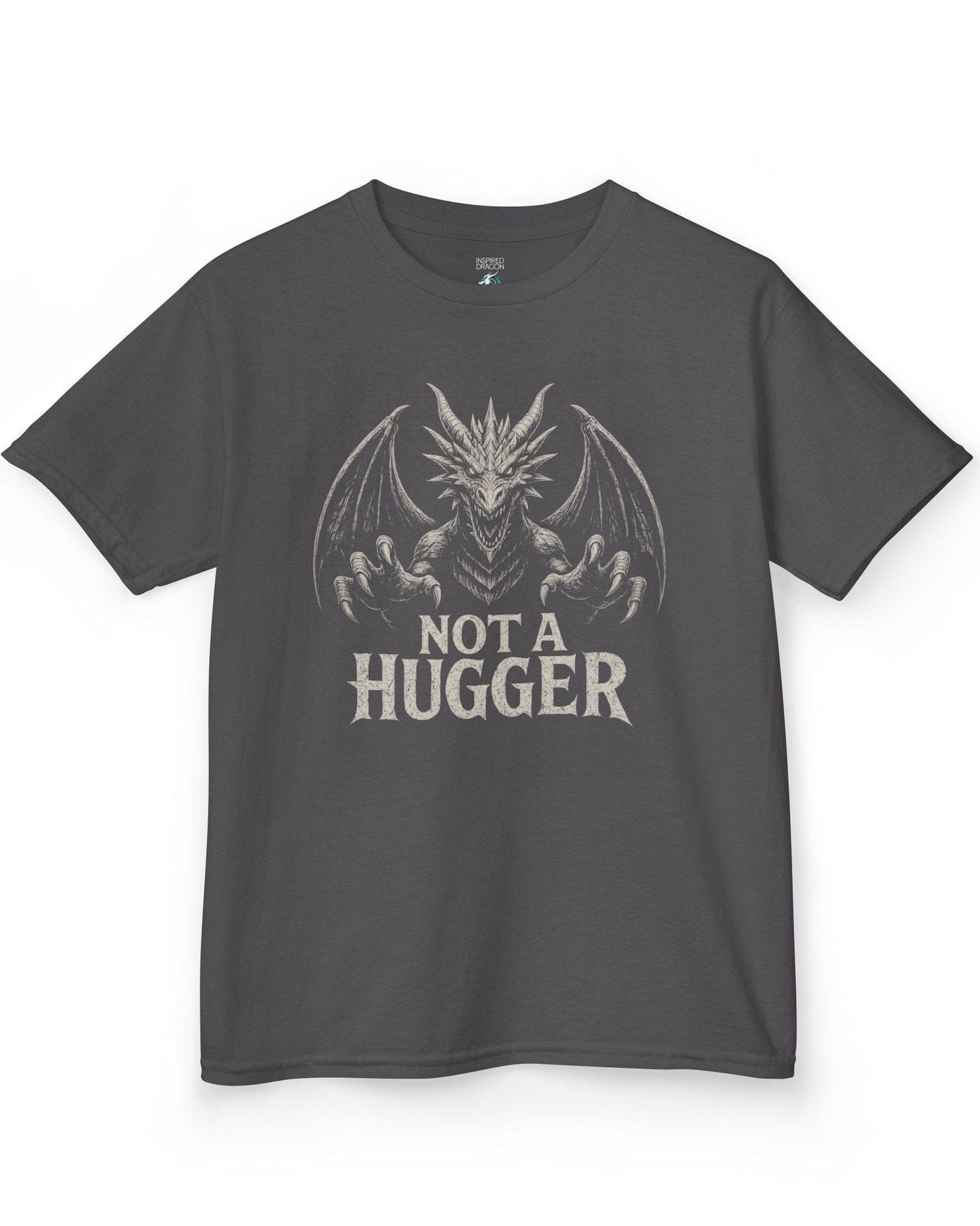 Not a Hugger shirt in charcoal featuring a menacing dragon with claws outstretched and wings spread wide.