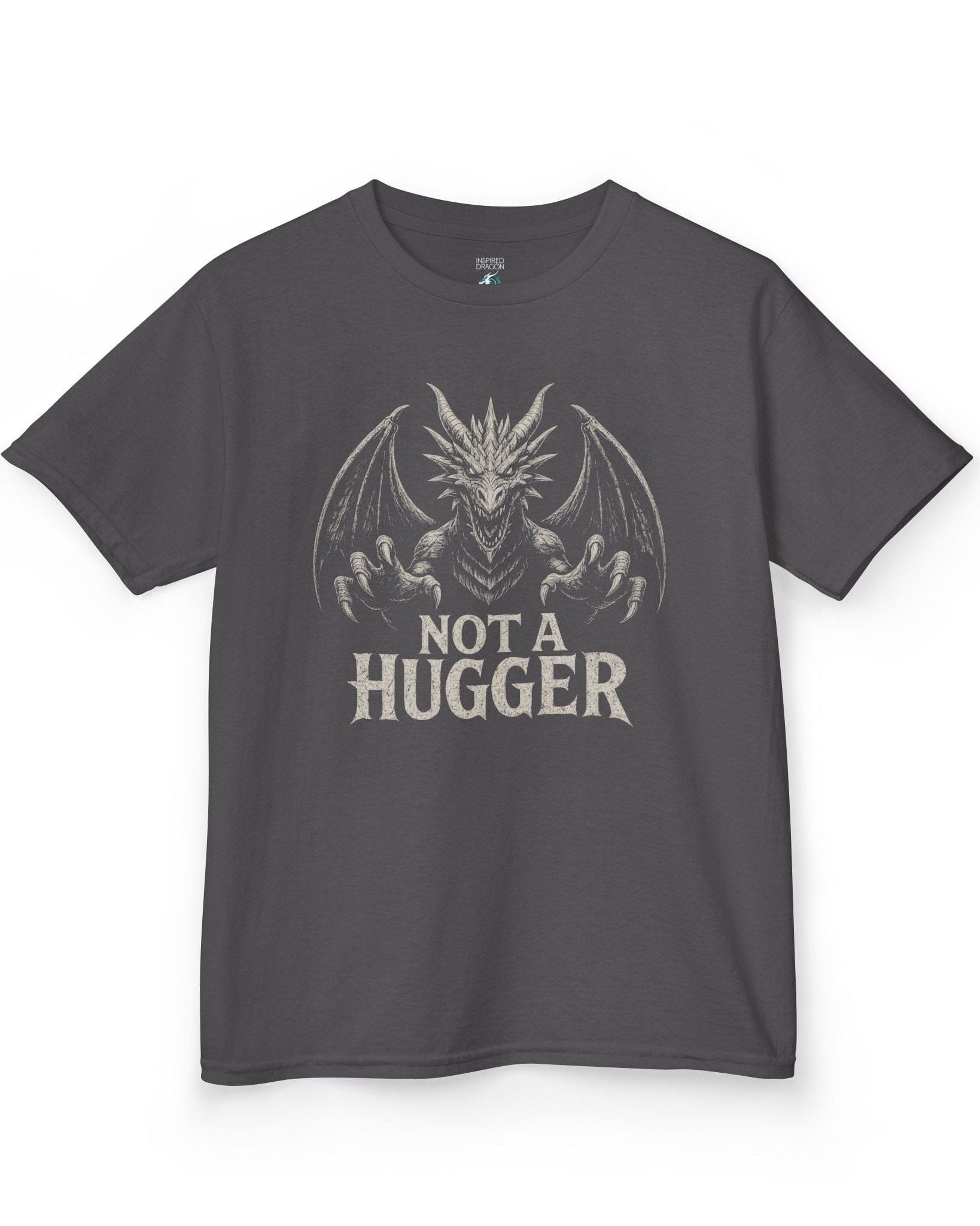 Not a Hugger shirt in charcoal featuring a menacing dragon with claws outstretched and wings spread wide.