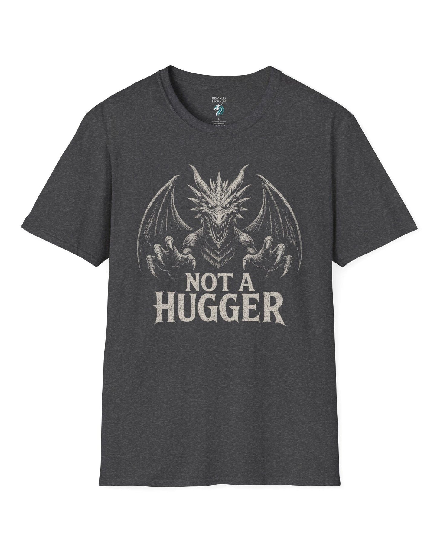 Not a Hugger shirt in dark heather grey featuring a menacing dragon with claws outstretched and wings spread wide.