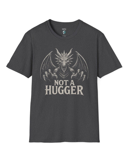 Not a Hugger shirt in dark heather grey featuring a menacing dragon with claws outstretched and wings spread wide.