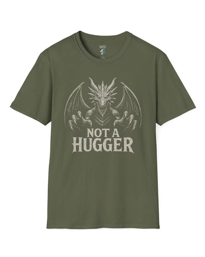 Not a Hugger shirt in military green featuring a menacing dragon with claws outstretched and wings spread wide.