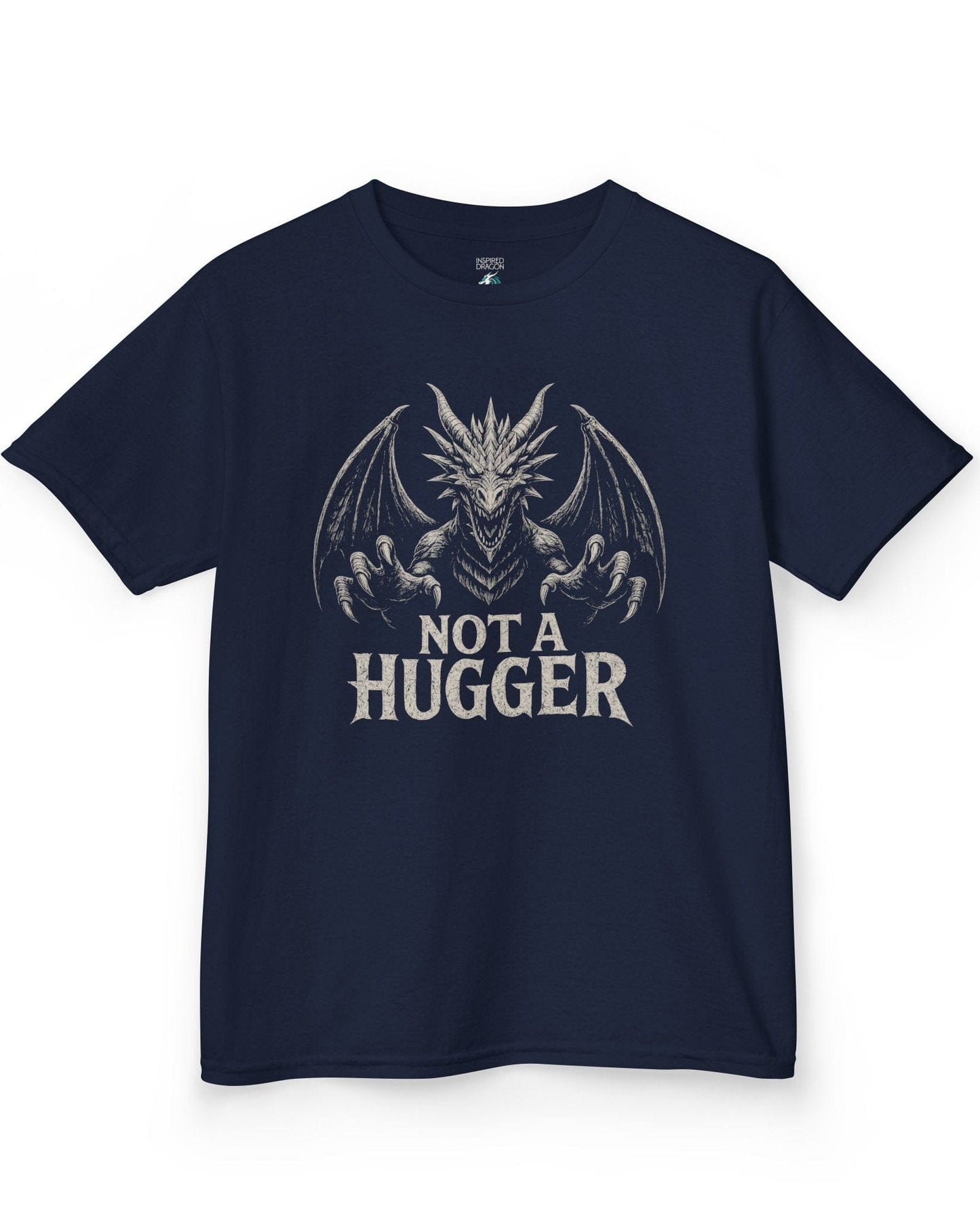 Not a Hugger shirt in navy featuring a menacing dragon with claws outstretched and wings spread wide.