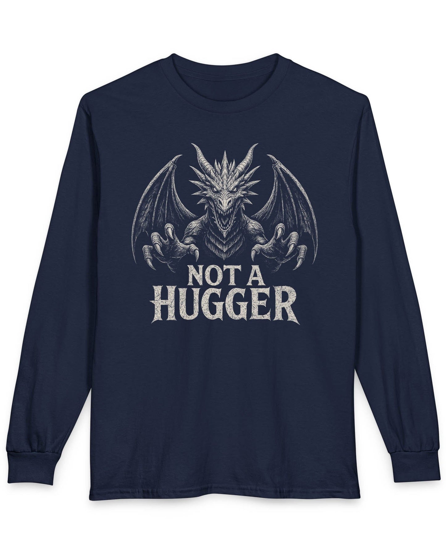 Not a Hugger shirt in navy featuring a menacing dragon with claws outstretched and wings spread wide.