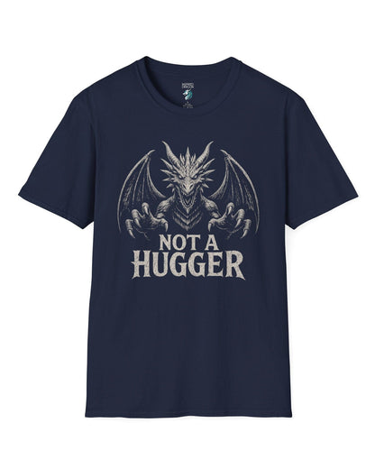 Not a Hugger shirt in navy featuring a menacing dragon with claws outstretched and wings spread wide.