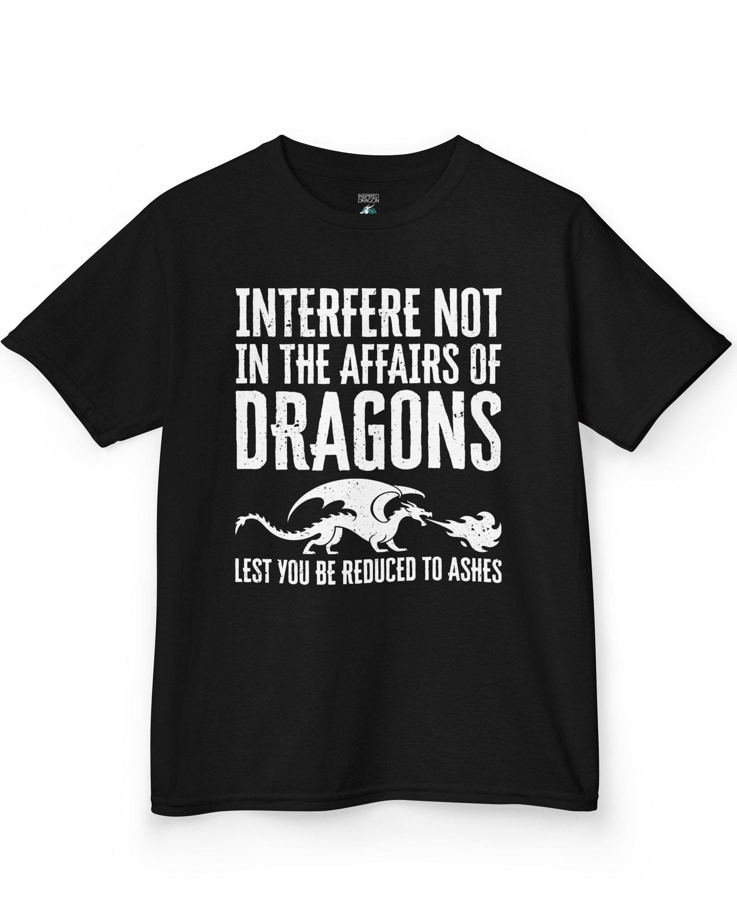Interfere Not shirt in black featuring bold distressed text and a fire-breathing dragon silhouette.