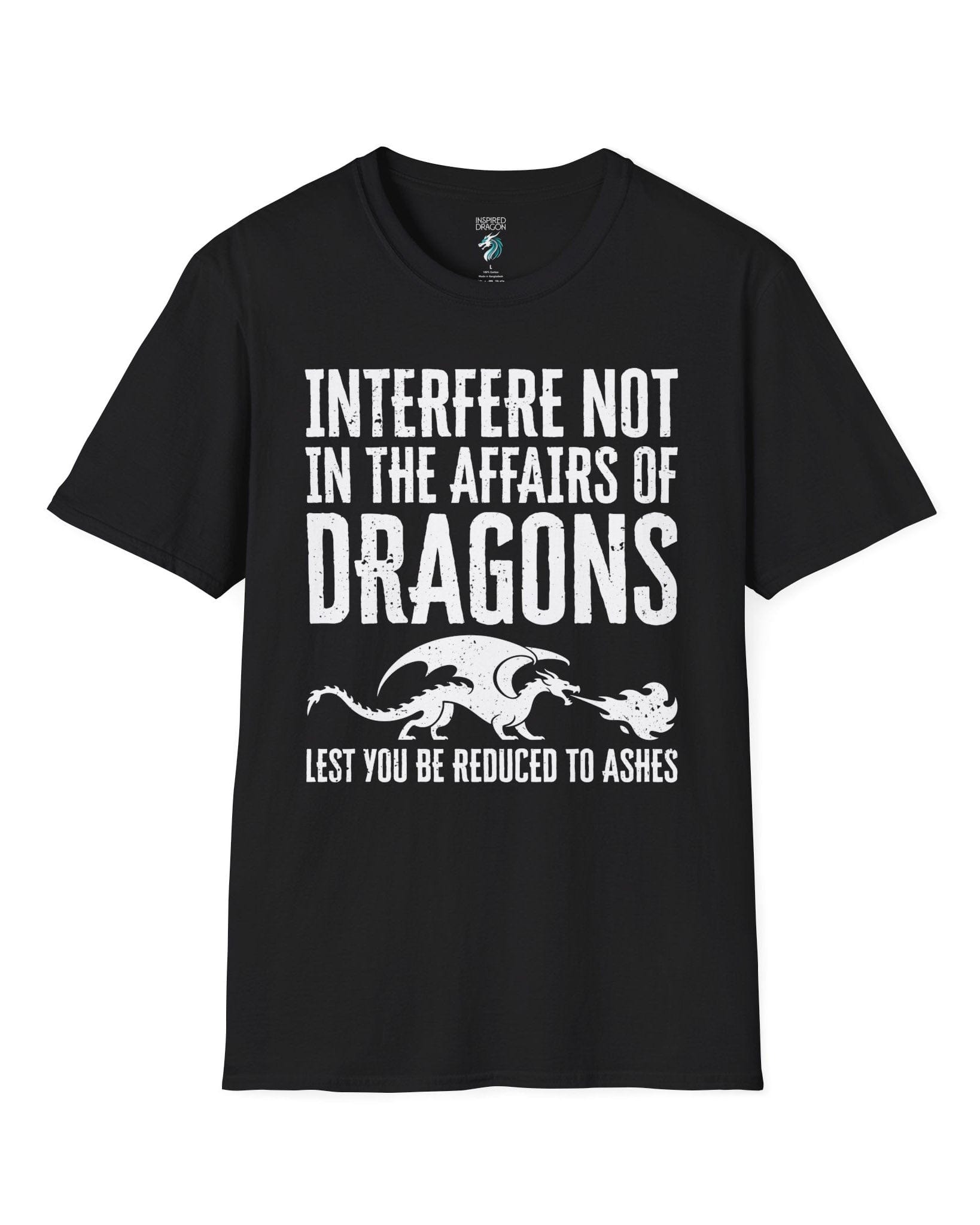 Interfere Not shirt in black featuring bold distressed text and a fire-breathing dragon silhouette.