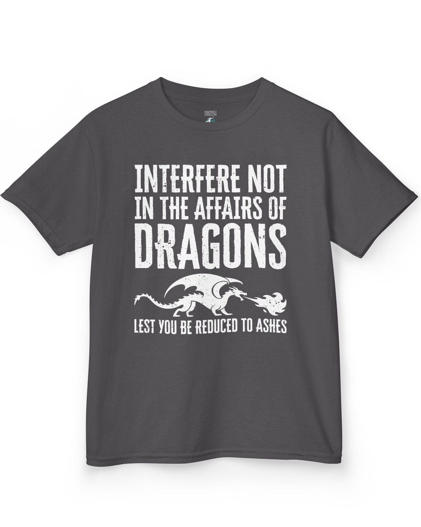 Interfere Not shirt in charcoal featuring bold distressed text and a fire-breathing dragon silhouette.