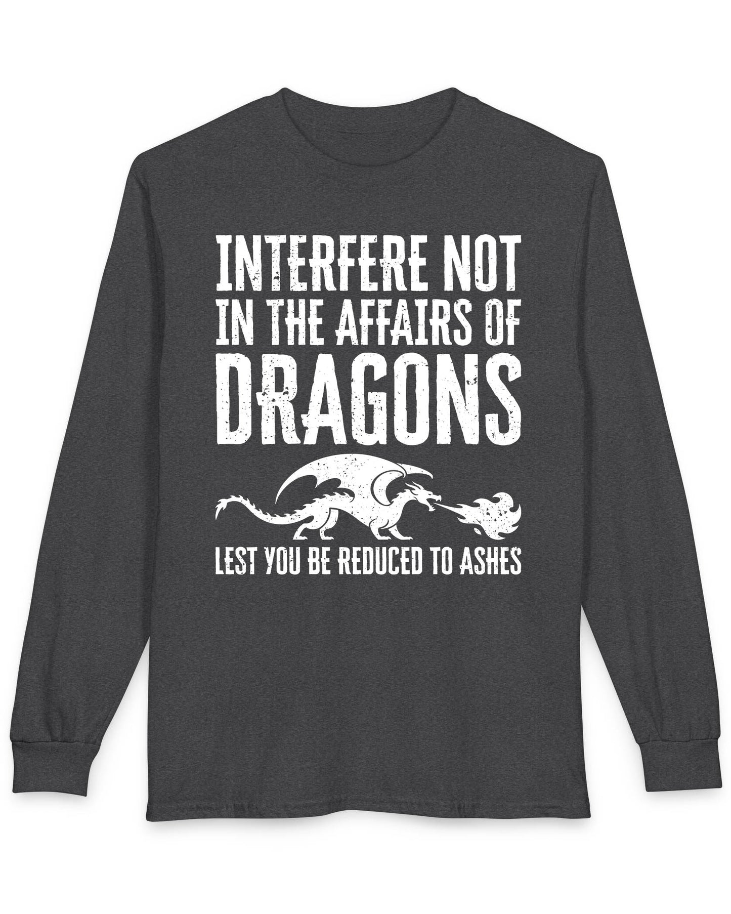 Interfere Not shirt in dark heather featuring bold distressed text and a fire-breathing dragon silhouette