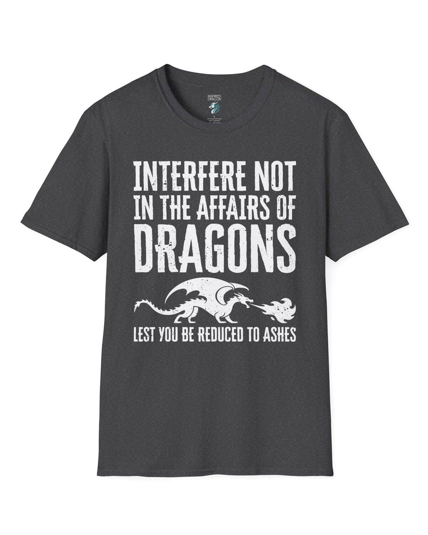 Interfere Not shirt in dark heather grey featuring bold distressed text and a fire-breathing dragon silhouette.