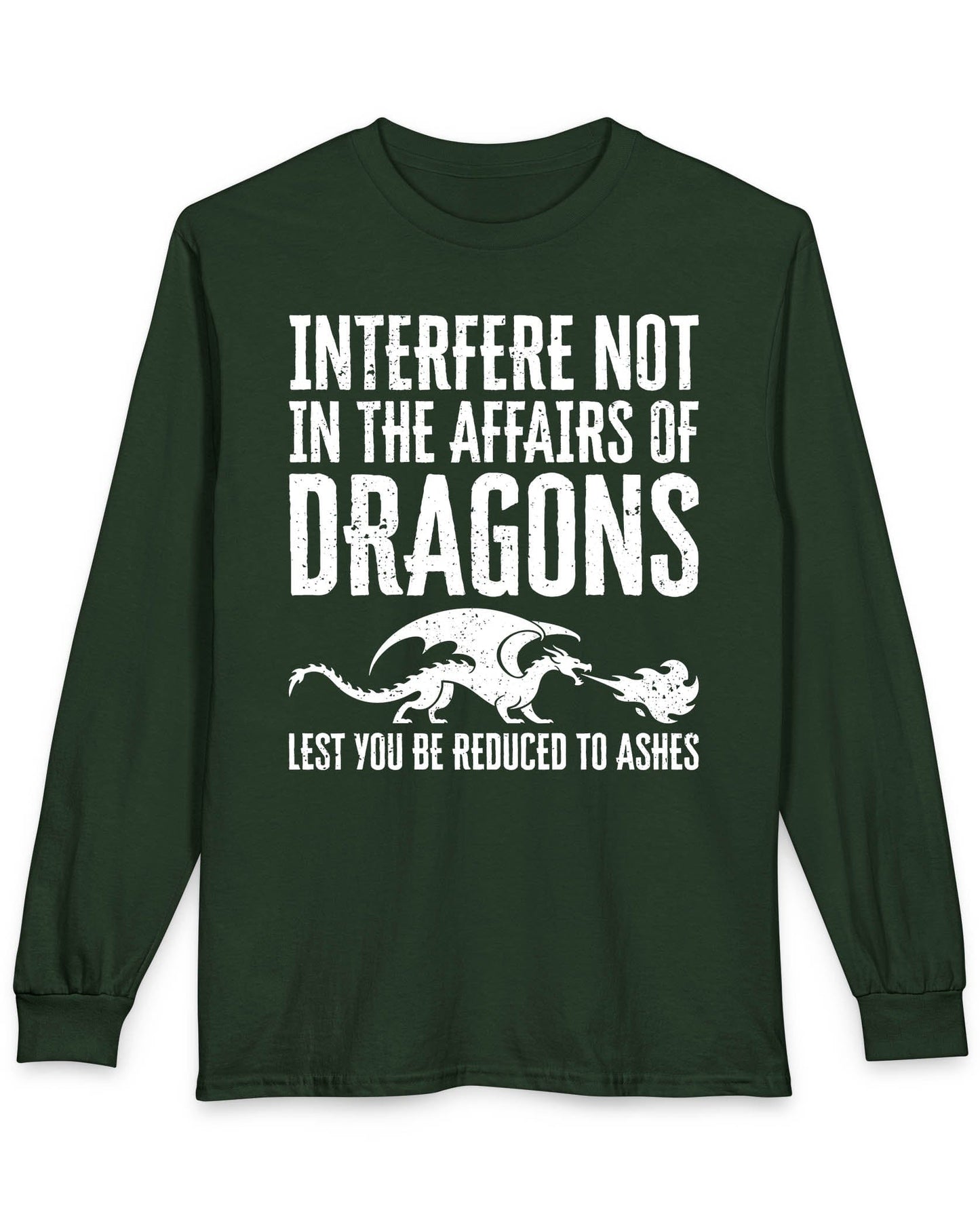 Interfere Not shirt in forest green featuring bold distressed text and a fire-breathing dragon silhouette