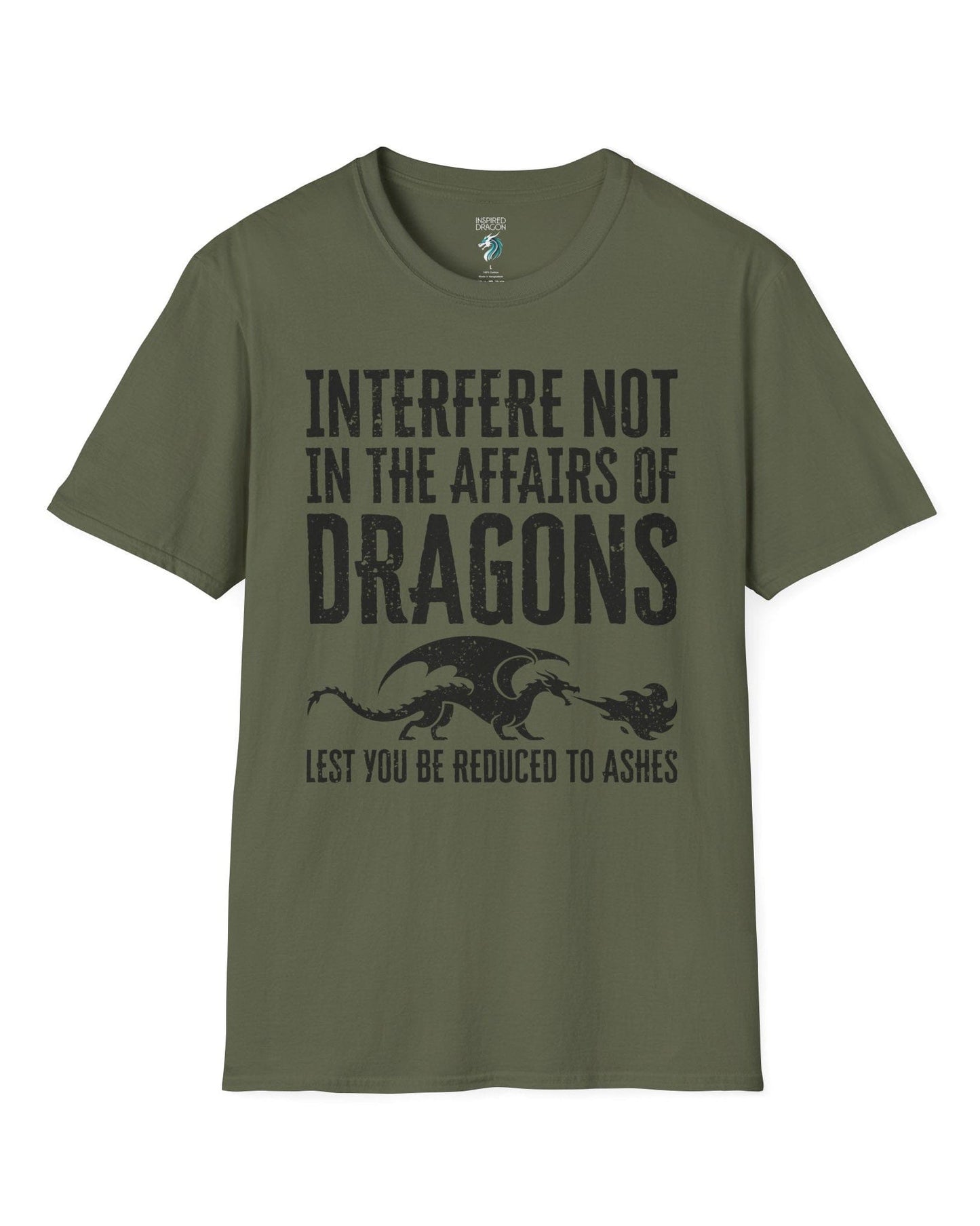 Interfere Not shirt in military green featuring bold distressed text and a fire-breathing dragon silhouette.
