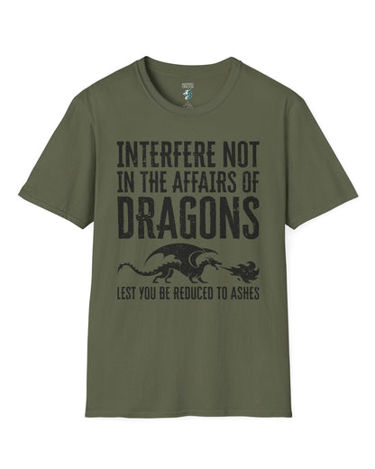 Interfere Not shirt in military green featuring bold distressed text and a fire-breathing dragon silhouette.
