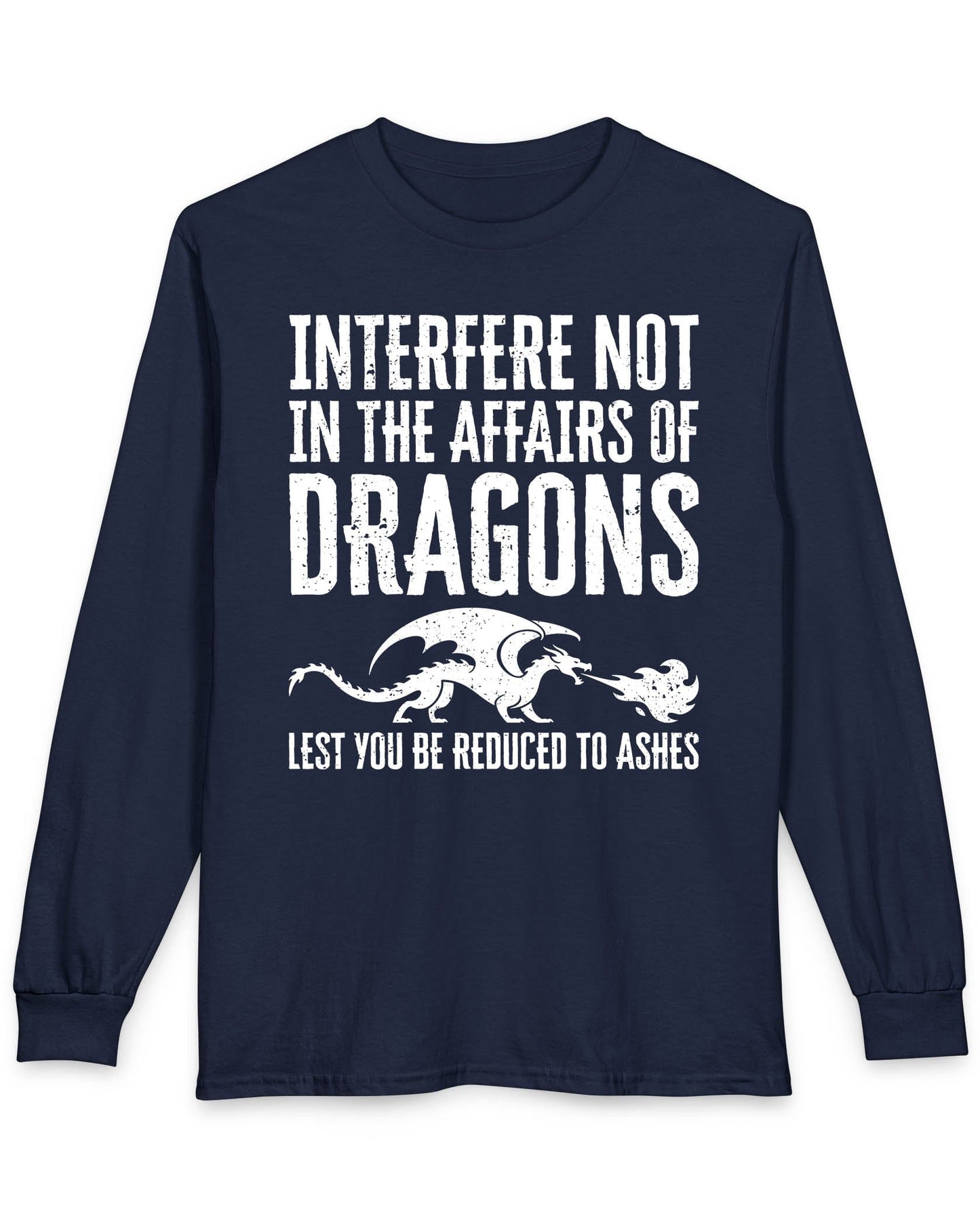 Interfere Not shirt in navy featuring bold distressed text and a fire-breathing dragon silhouette