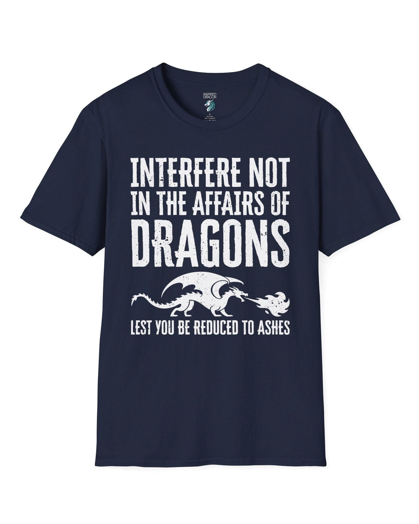 Interfere Not shirt in navy featuring bold distressed text and a fire-breathing dragon silhouette.