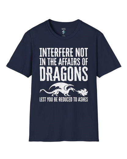 Interfere Not shirt in navy featuring bold distressed text and a fire-breathing dragon silhouette.