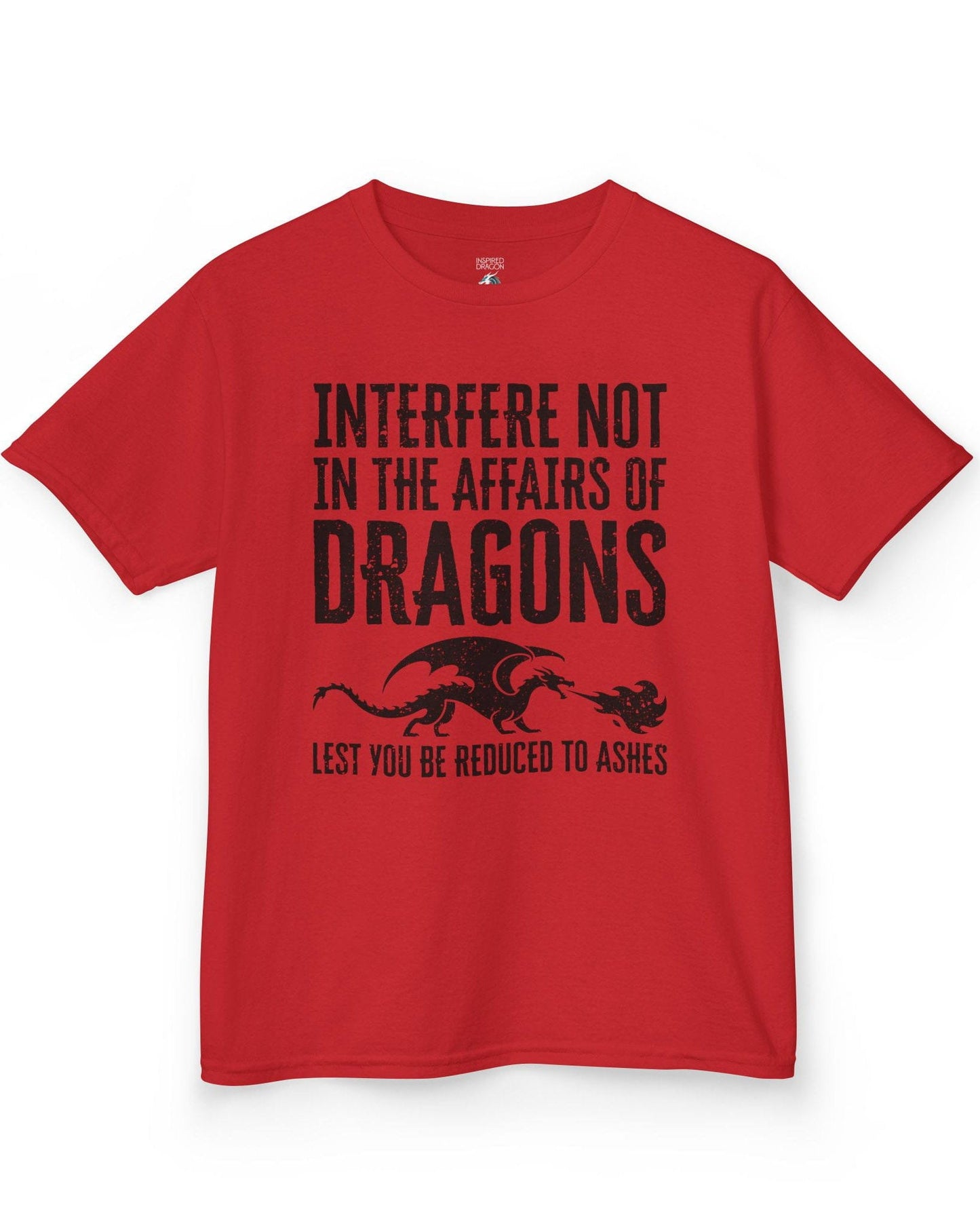 Interfere Not shirt in red featuring bold distressed text and a fire-breathing dragon silhouette.