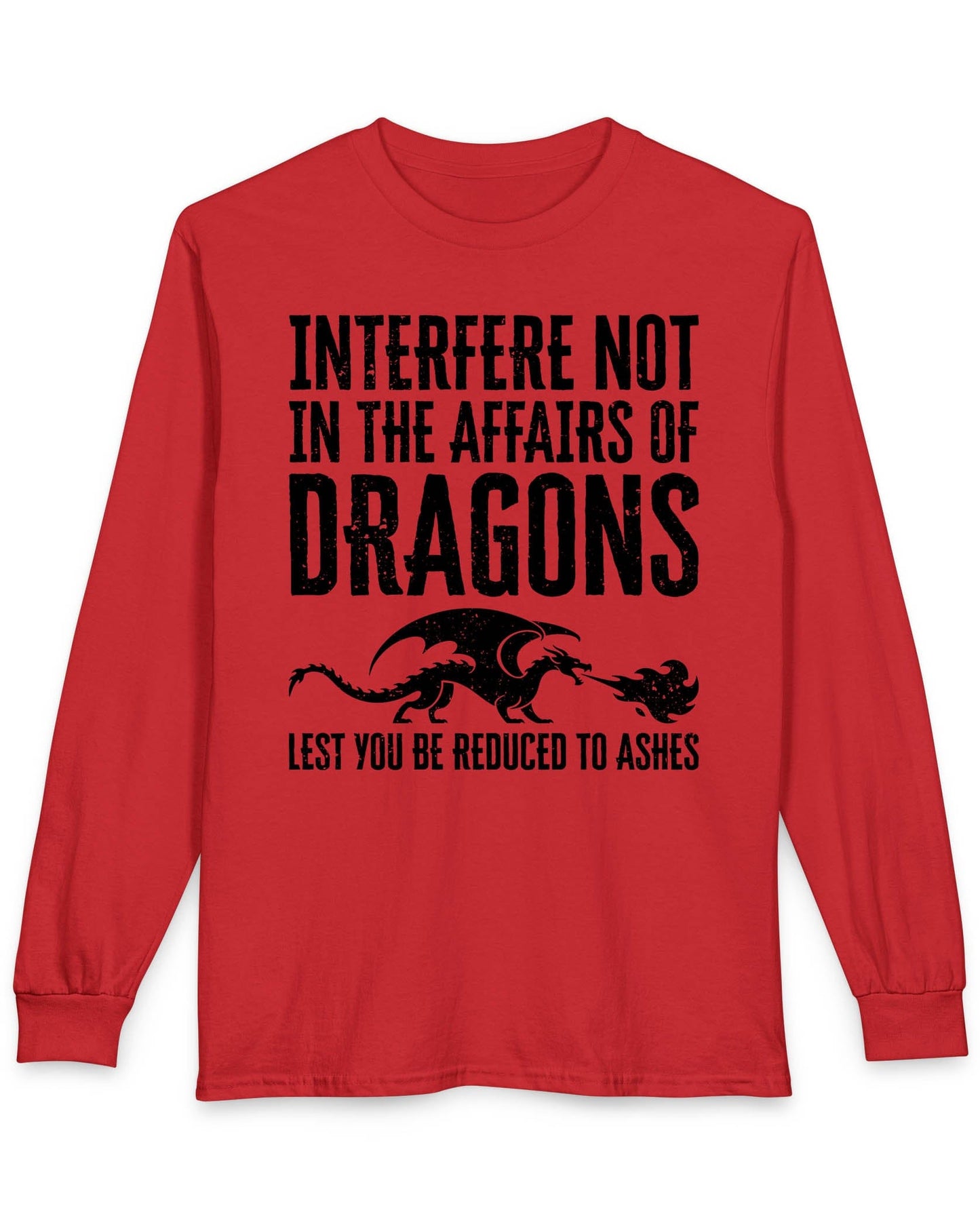 Interfere Not shirt in red featuring bold distressed text and a fire-breathing dragon silhouette