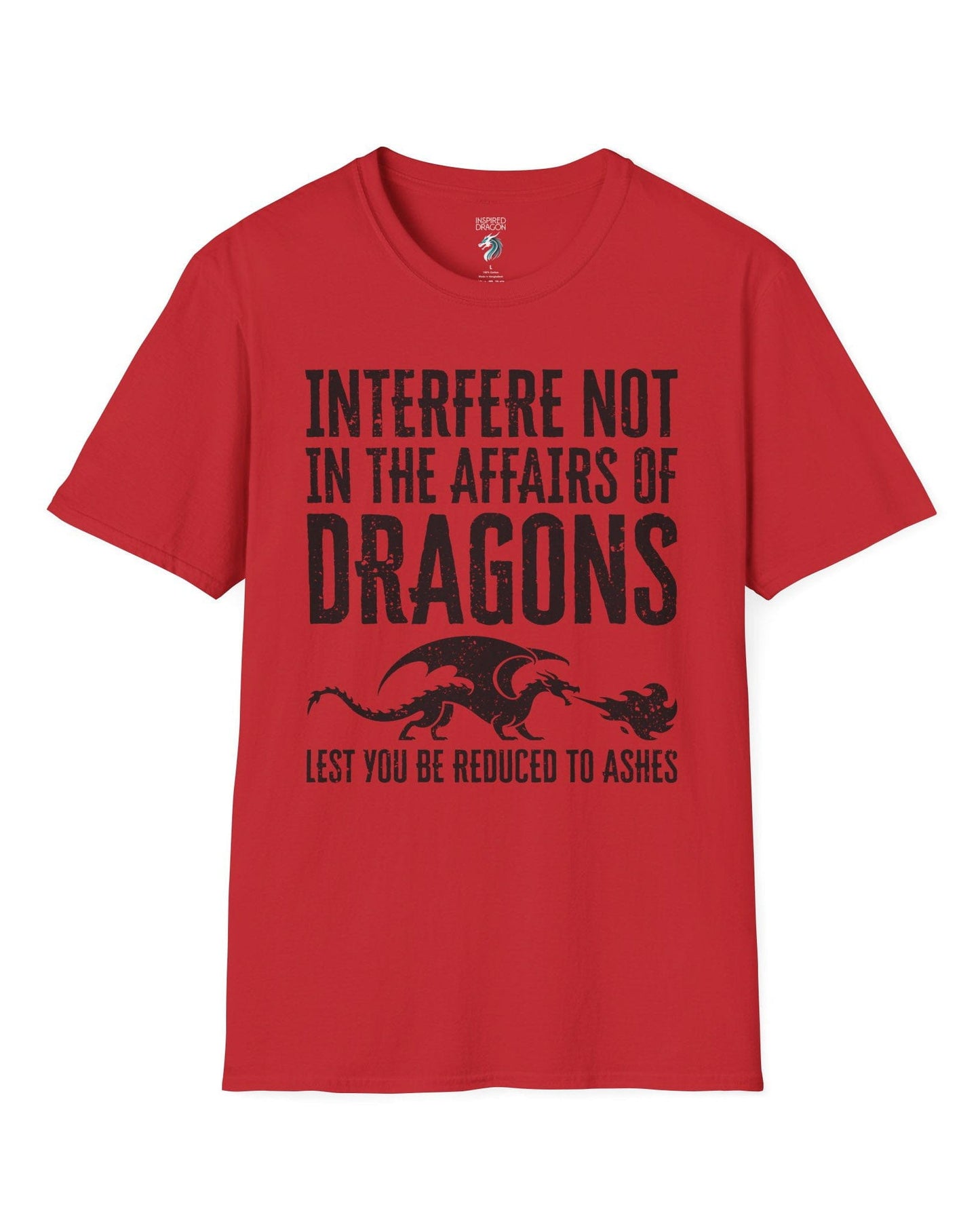 Interfere Not shirt in red featuring bold distressed text and a fire-breathing dragon silhouette.