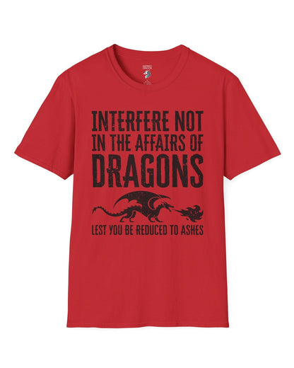 Interfere Not shirt in red featuring bold distressed text and a fire-breathing dragon silhouette.
