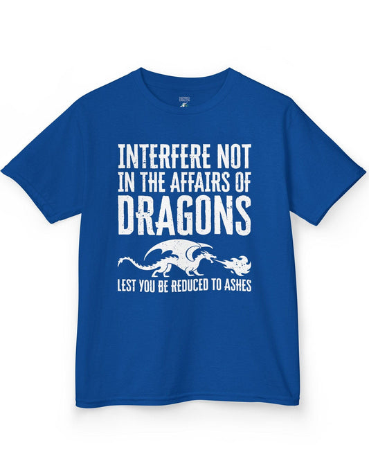 Interfere Not shirt in royal blue featuring bold distressed text and a fire-breathing dragon silhouette.