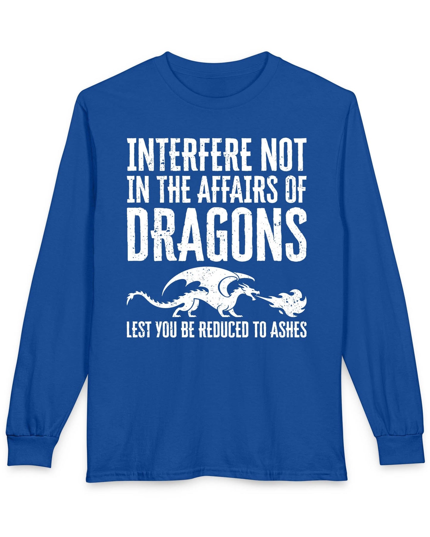Interfere Not shirt in royal blue featuring bold distressed text and a fire-breathing dragon silhouette