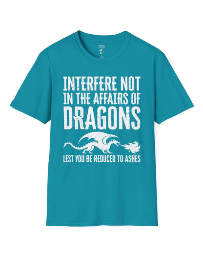 Interfere Not shirt in tropical blue featuring bold distressed text and a fire-breathing dragon silhouette.