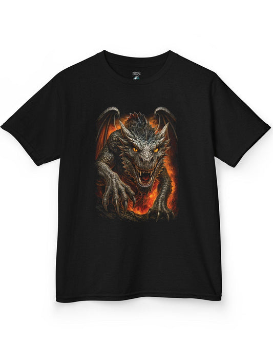 On the Prowl shirt in black featuring a fierce dragon emerging from fiery flames with glowing eyes.