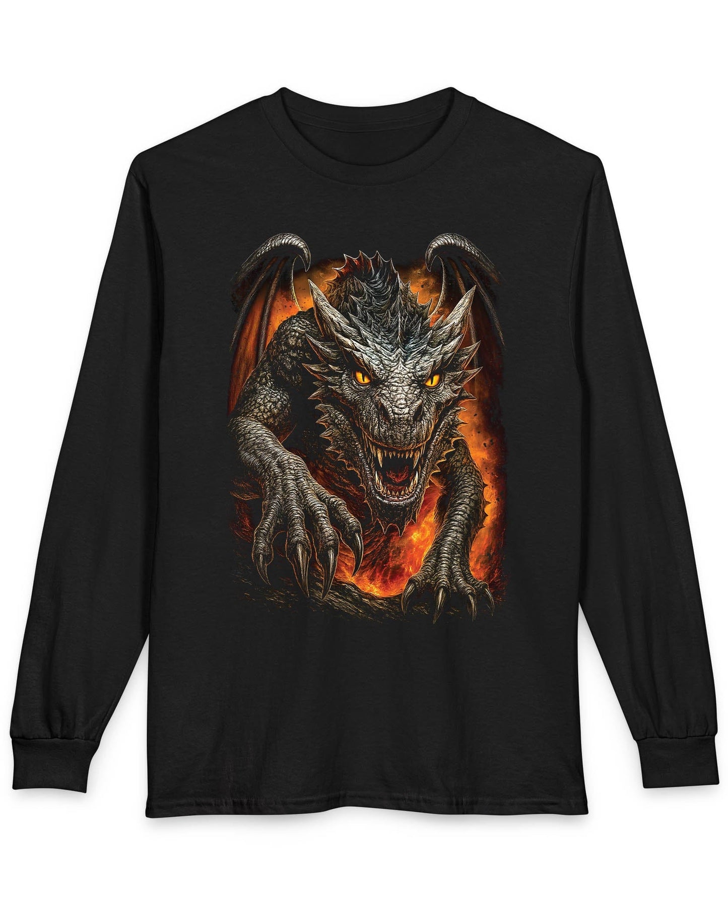 On the Prowl shirt in black featuring a fierce dragon emerging from fiery flames with glowing eyes