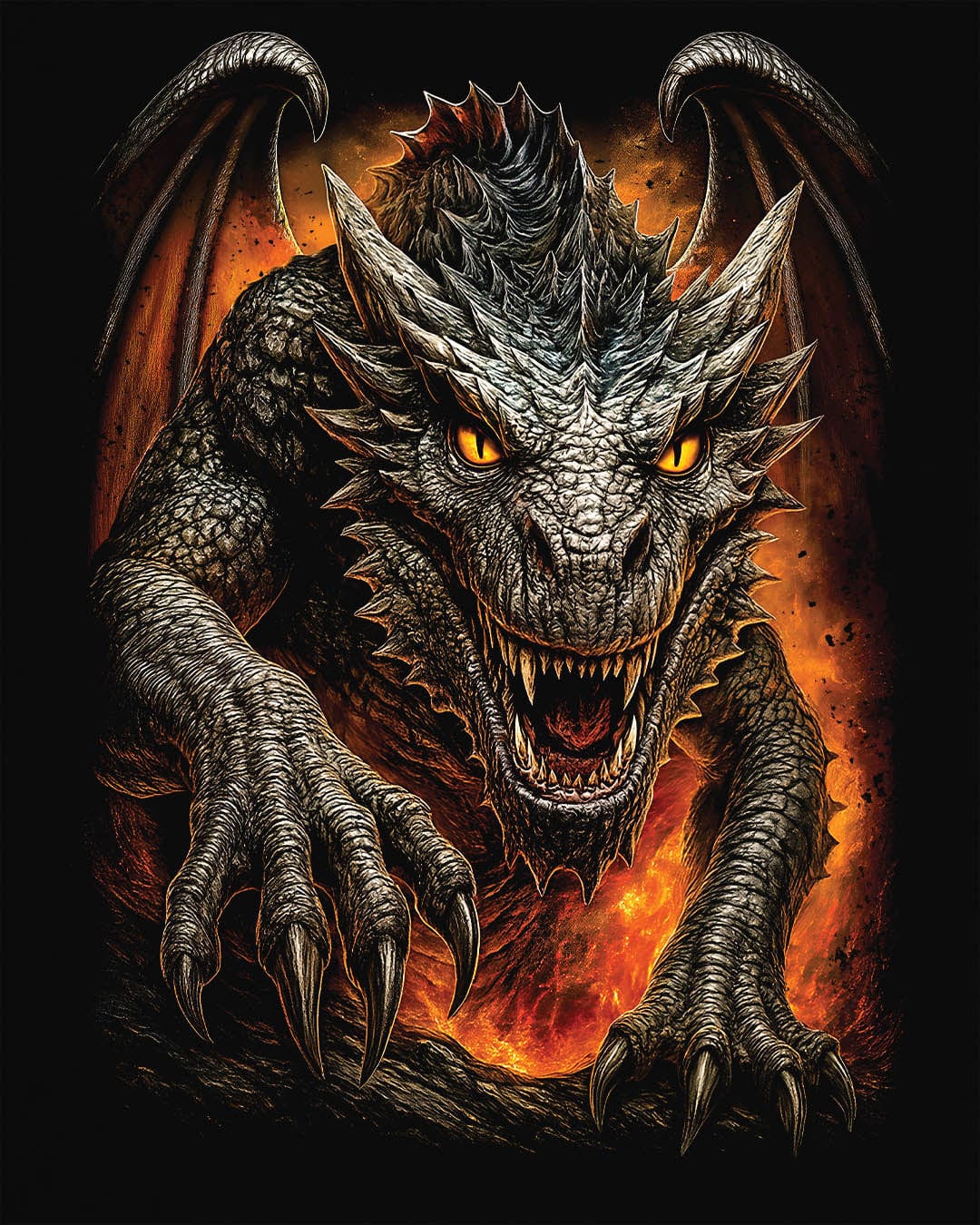 On the Prowl shirt in black featuring a fierce dragon emerging from fiery flames with glowing eyes.