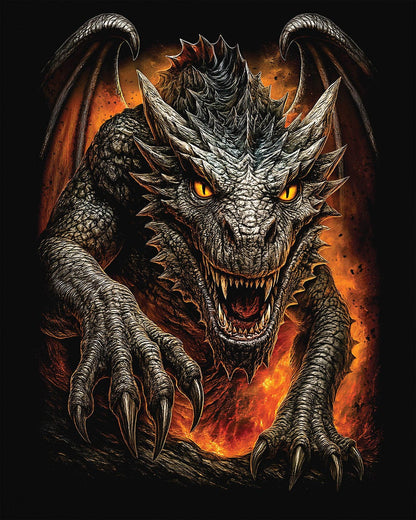 On the Prowl shirt in black featuring a fierce dragon emerging from fiery flames with glowing eyes.