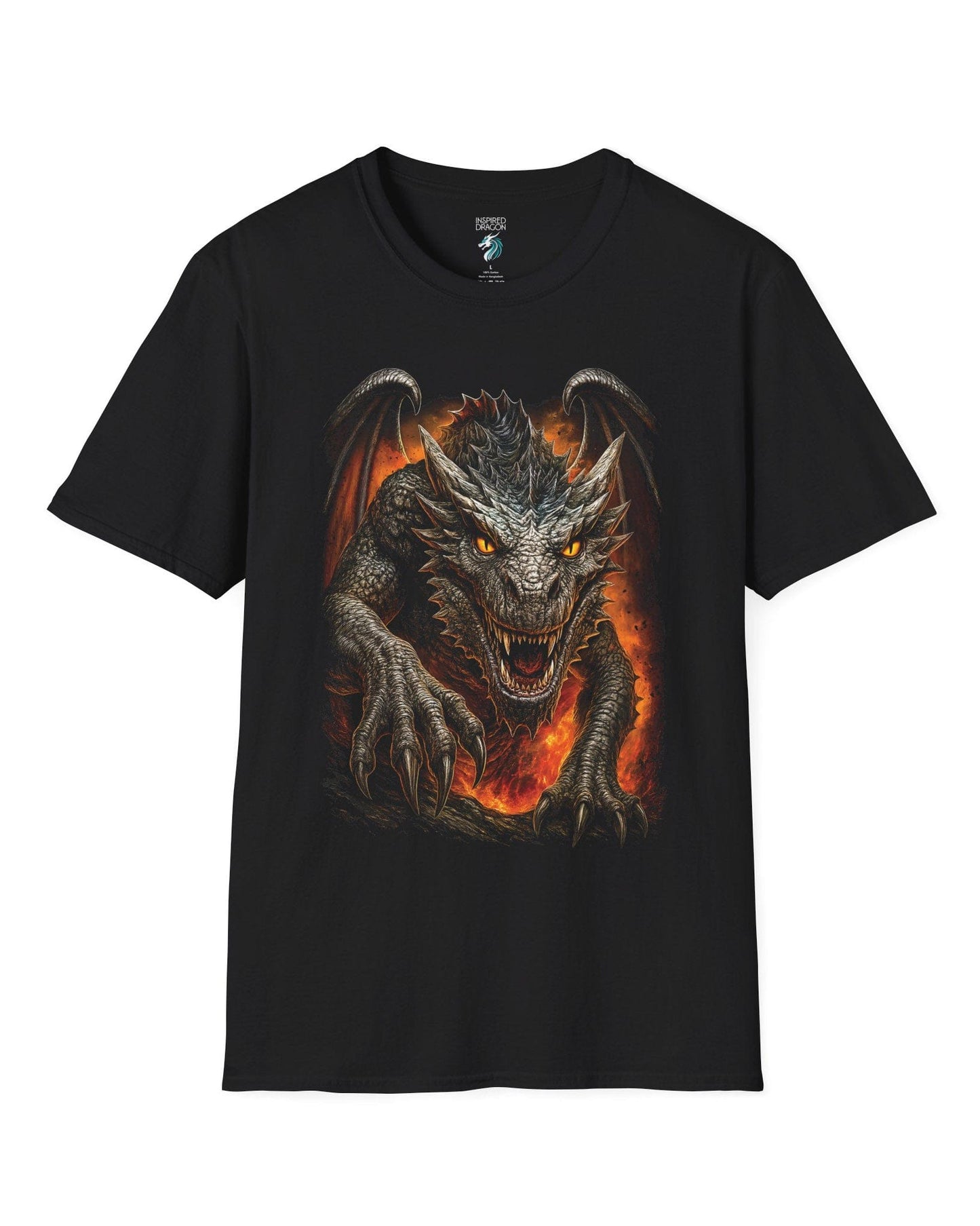 On the Prowl shirt in black featuring a fierce dragon emerging from fiery flames with glowing eyes.