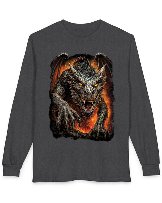 On the Prowl shirt in dark heather featuring a fierce dragon emerging from fiery flames with glowing eyes