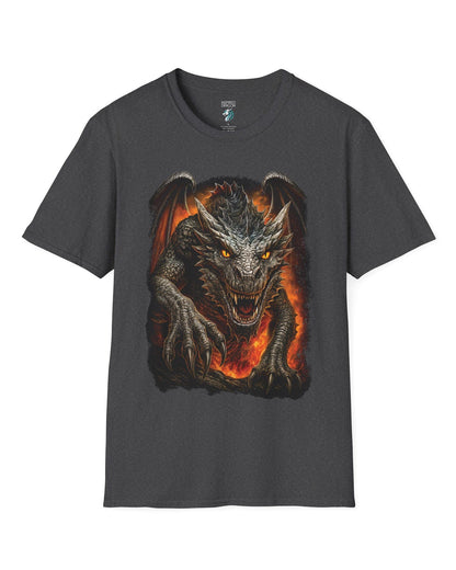 On the Prowl shirt in dark heather grey featuring a fierce dragon emerging from fiery flames with glowing eyes.