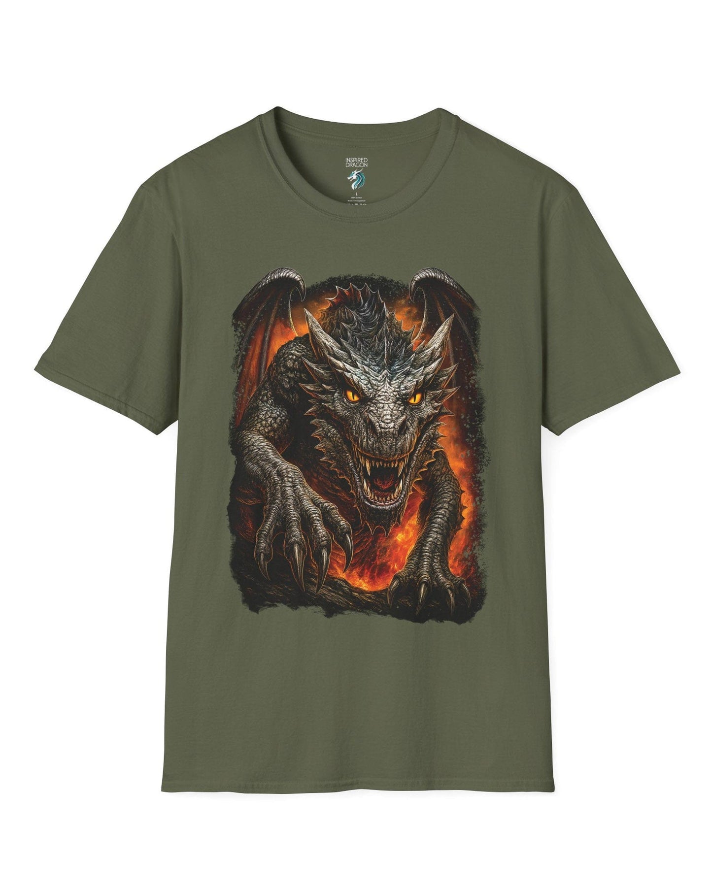 On the Prowl shirt in military green featuring a fierce dragon emerging from fiery flames with glowing eyes.