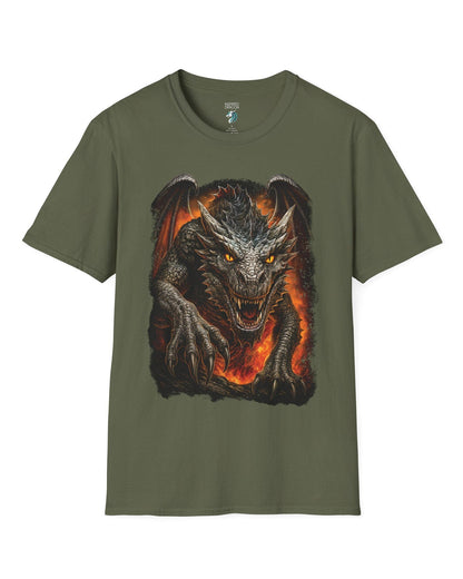 On the Prowl shirt in military green featuring a fierce dragon emerging from fiery flames with glowing eyes.
