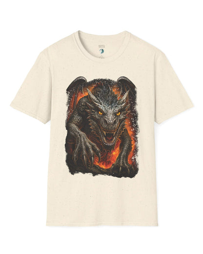 On the Prowl shirt in natural featuring a fierce dragon emerging from fiery flames with glowing eyes.