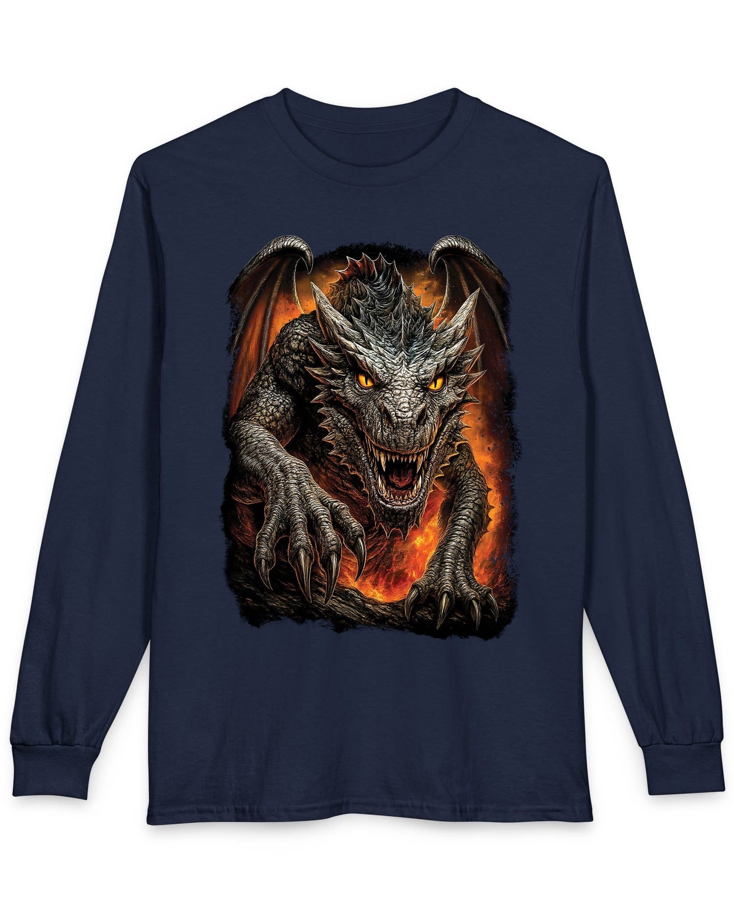 On the Prowl shirt in navy featuring a fierce dragon emerging from fiery flames with glowing eyes