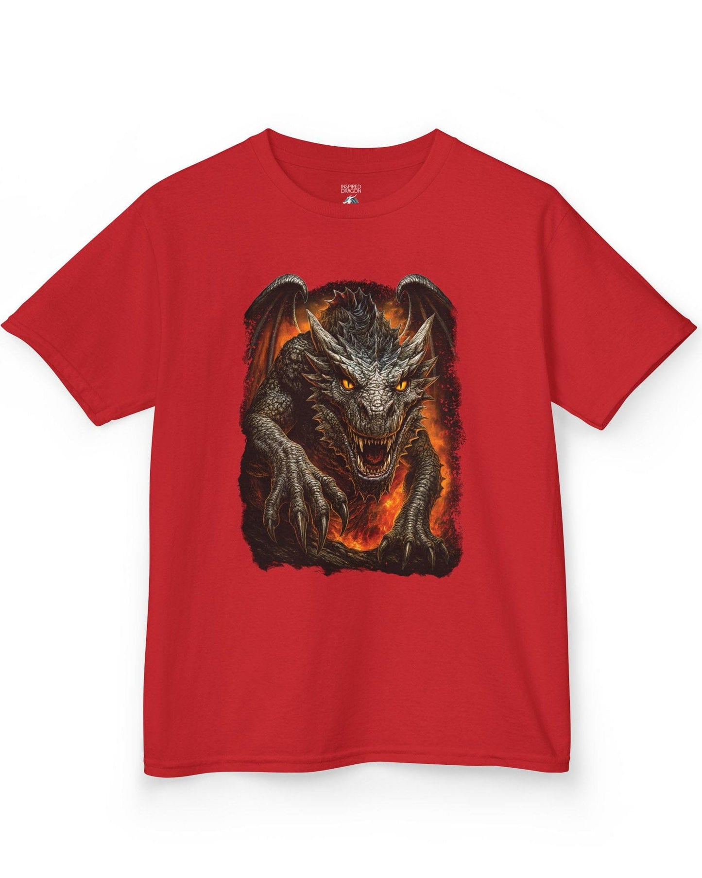 On the Prowl shirt in red featuring a fierce dragon emerging from fiery flames with glowing eyes.