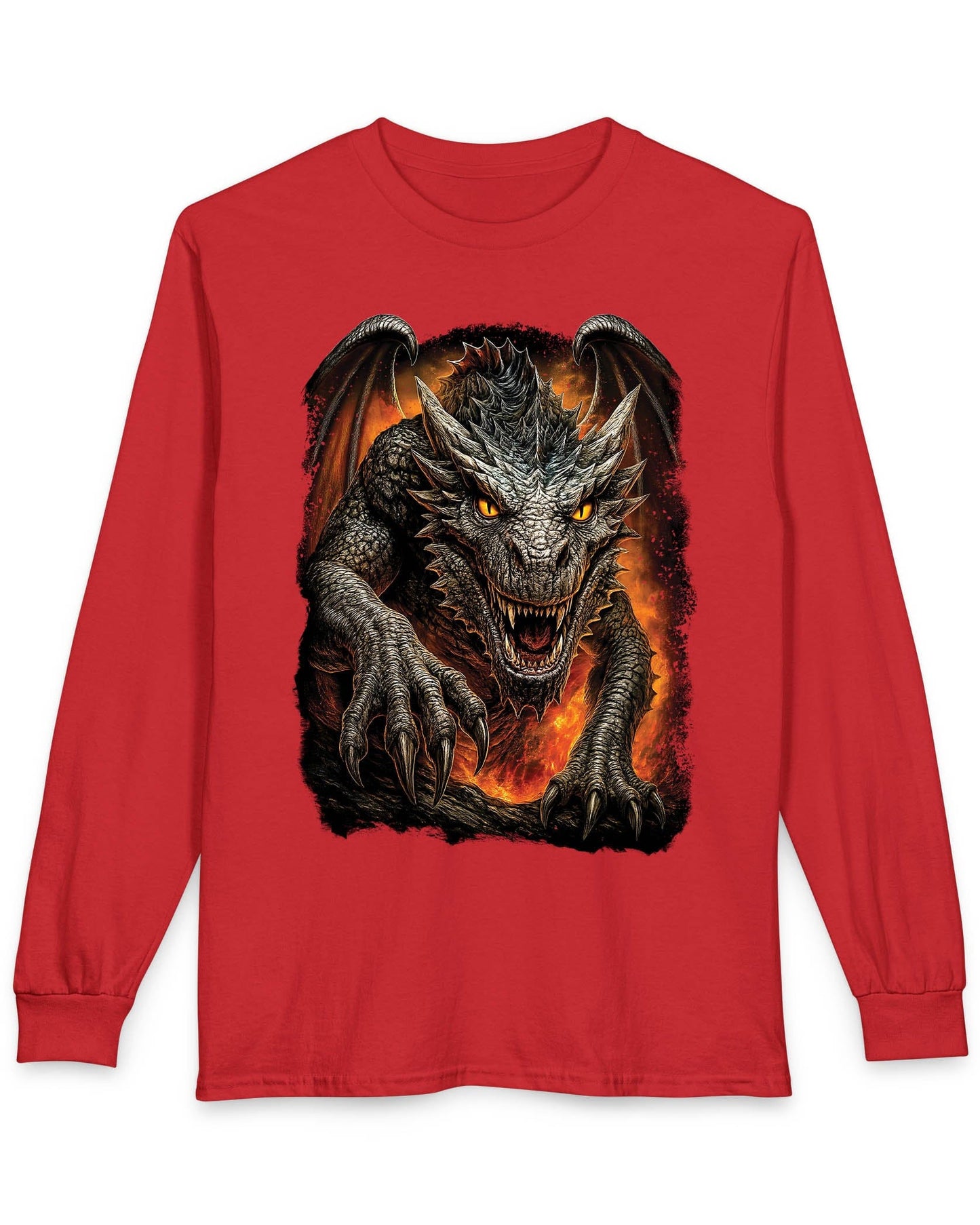 On the Prowl shirt in red featuring a fierce dragon emerging from fiery flames with glowing eyes