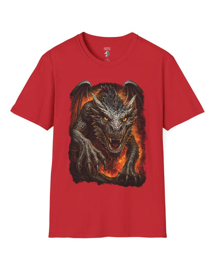 On the Prowl shirt in red featuring a fierce dragon emerging from fiery flames with glowing eyes.