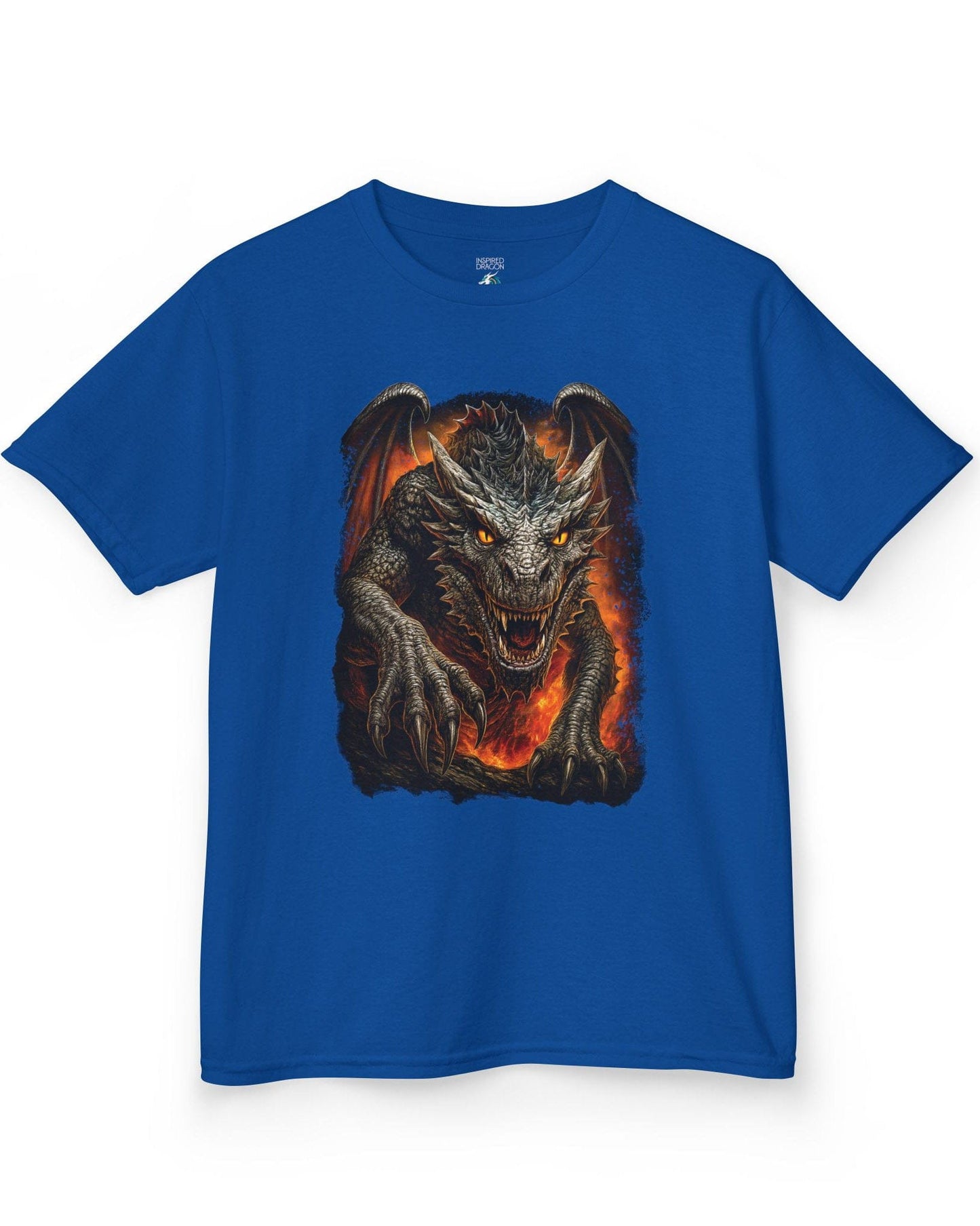 On the Prowl shirt in royal blue featuring a fierce dragon emerging from fiery flames with glowing eyes.