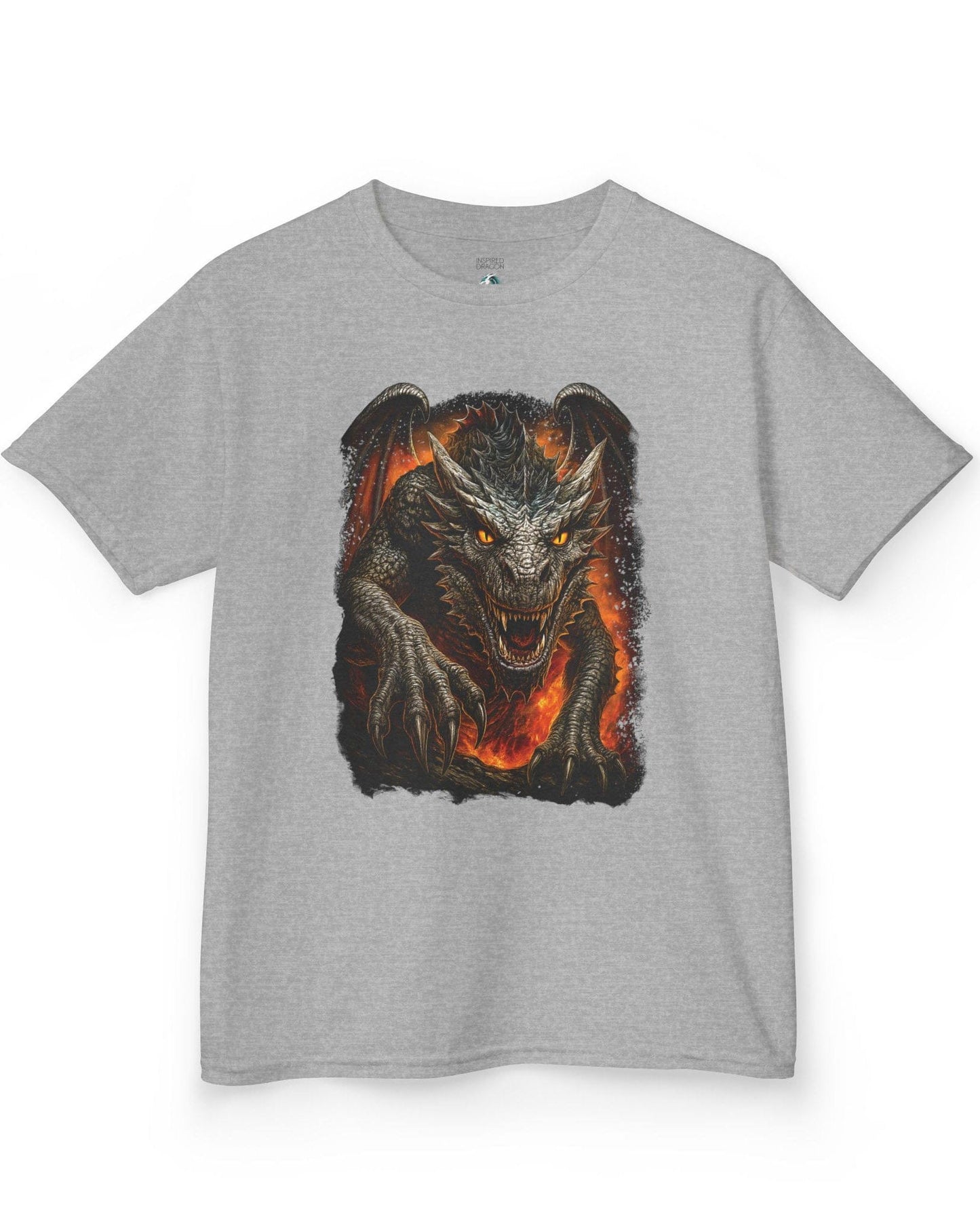 On the Prowl shirt in sport grey featuring a fierce dragon emerging from fiery flames with glowing eyes.