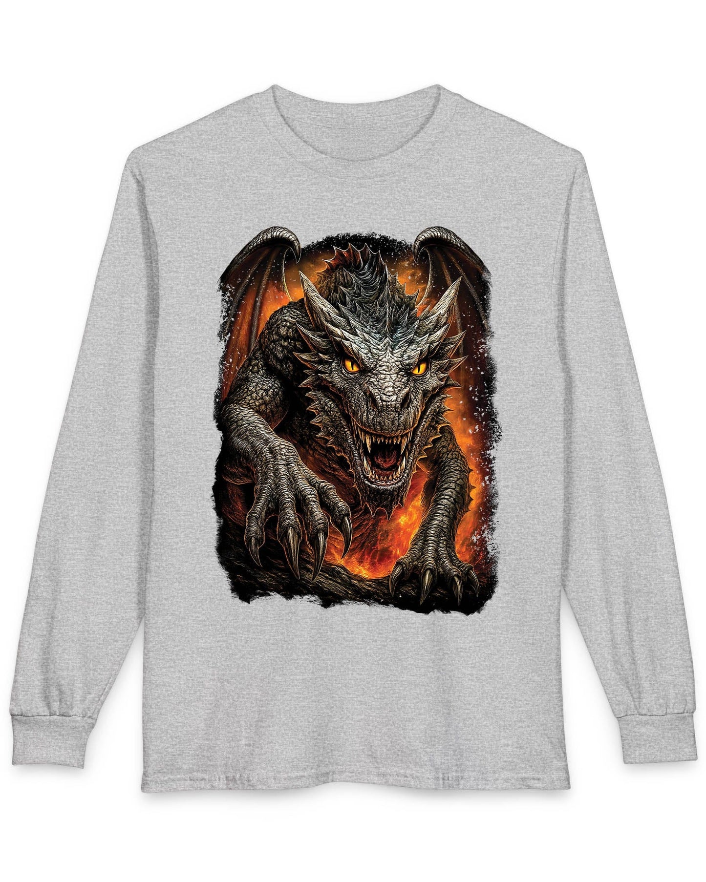 On the Prowl shirt in sport grey featuring a fierce dragon emerging from fiery flames with glowing eyes