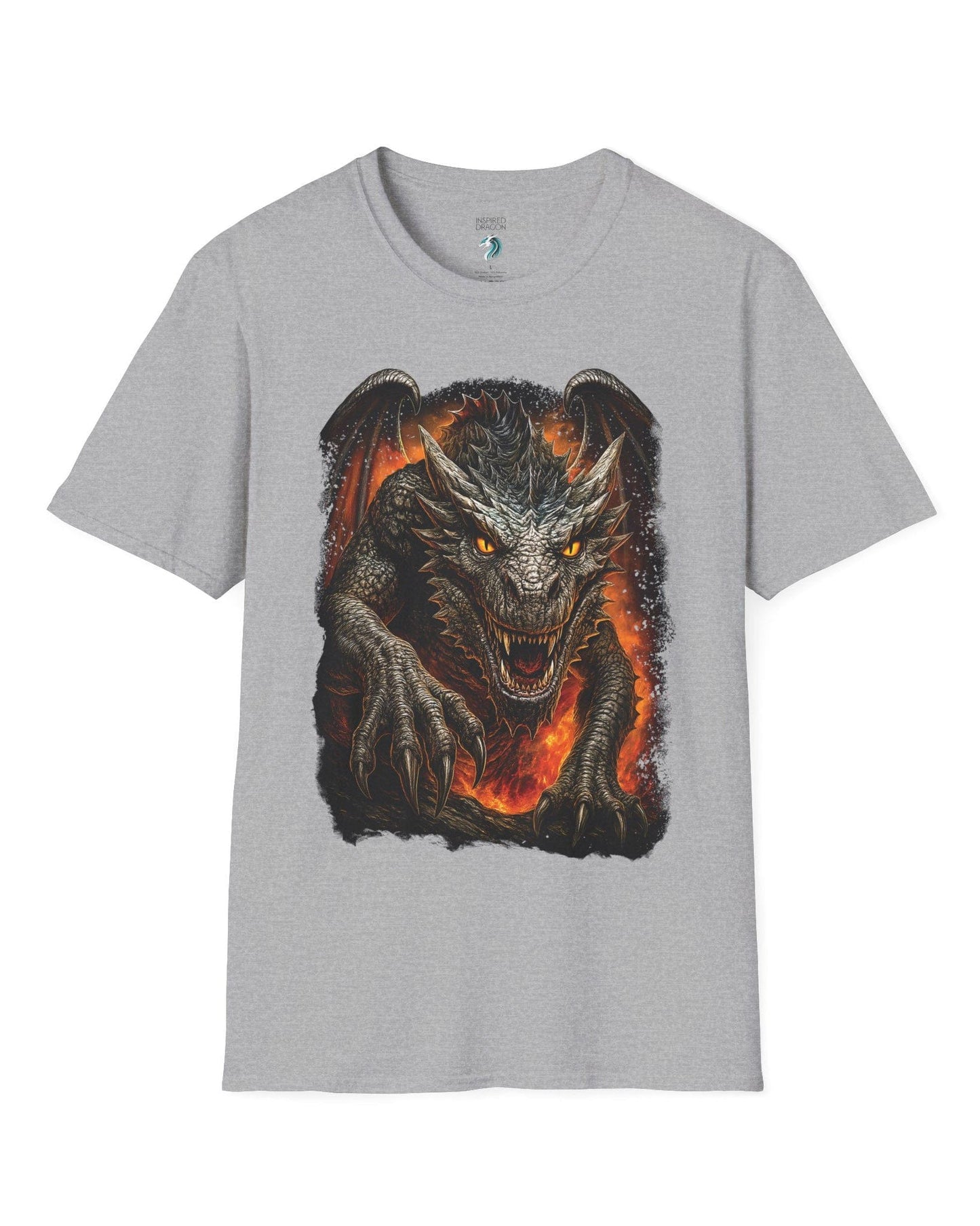 On the Prowl shirt in sport grey featuring a fierce dragon emerging from fiery flames with glowing eyes.