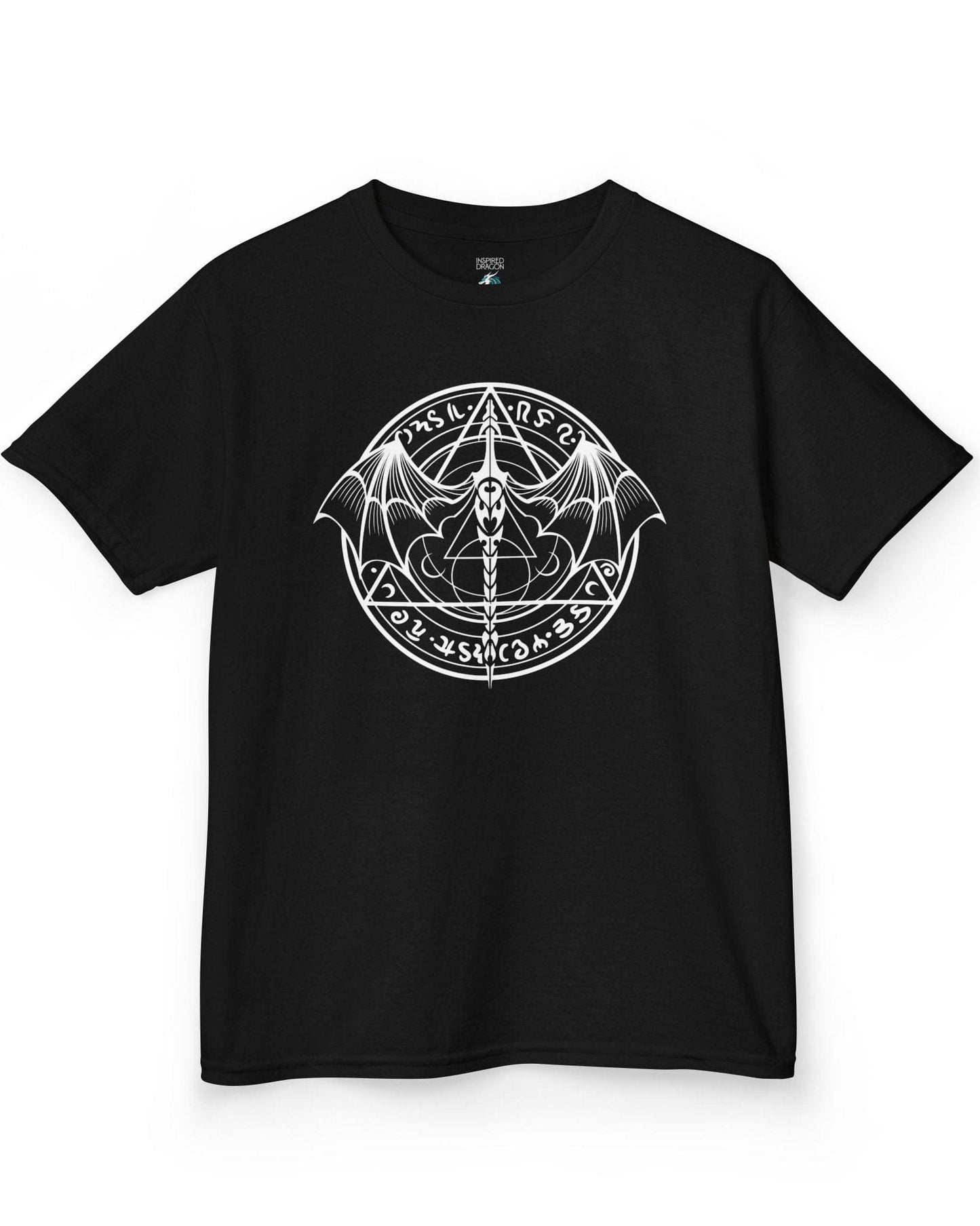 Mystic Dragon Seal shirt in black featuring a mystical dragon emblem framed by runes and arcane symbols.