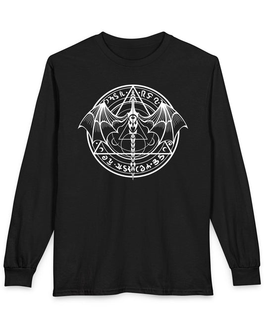 Mystic Dragon Seal shirt in black featuring a mystical dragon emblem framed by runes and arcane symbols