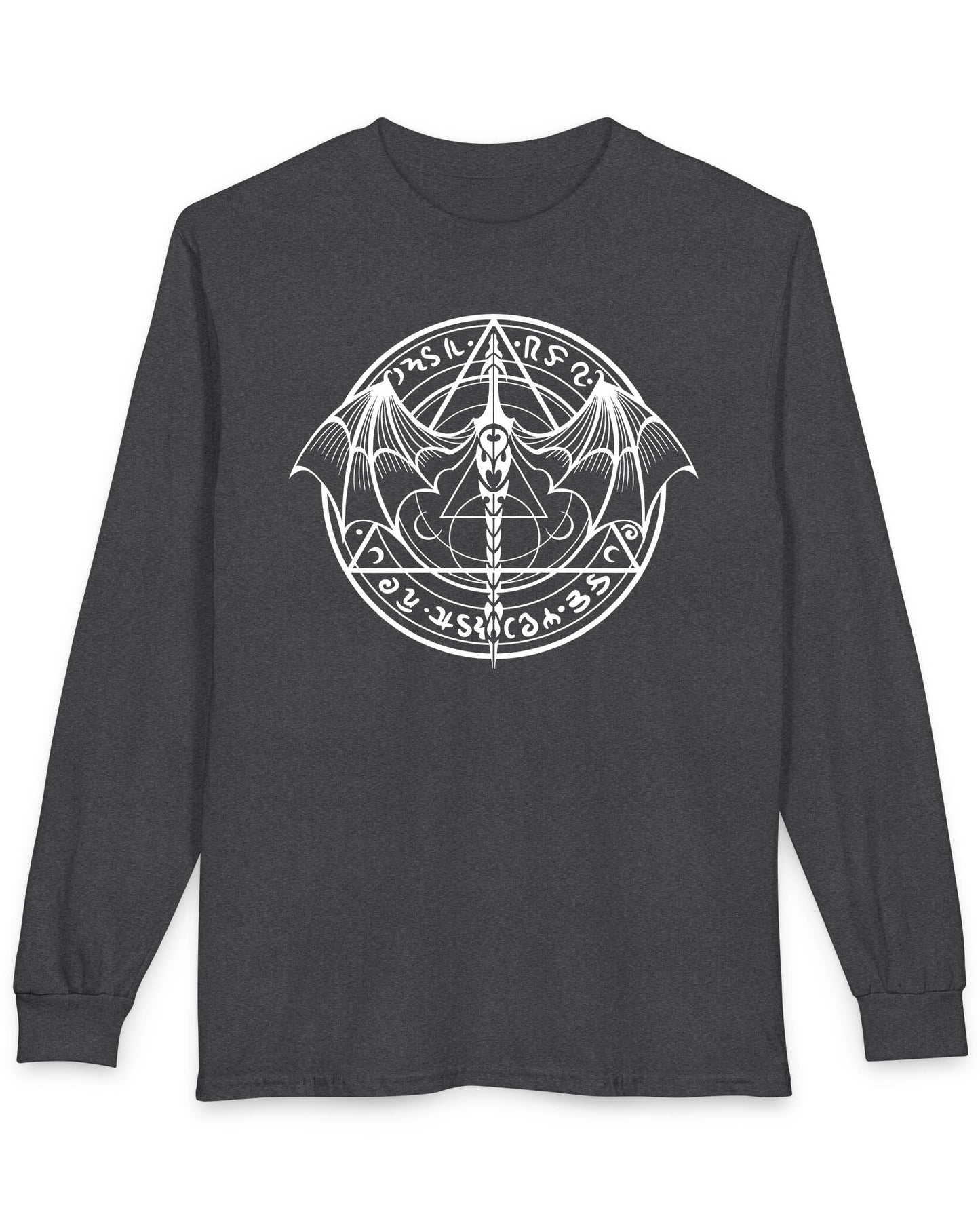 Mystic Dragon Seal shirt in dark heather featuring a mystical dragon emblem framed by runes and arcane symbols
